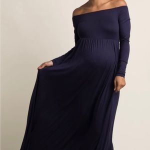 PinkBlush Navy Blue Solid Off Shoulder Maternity Maxi Dress